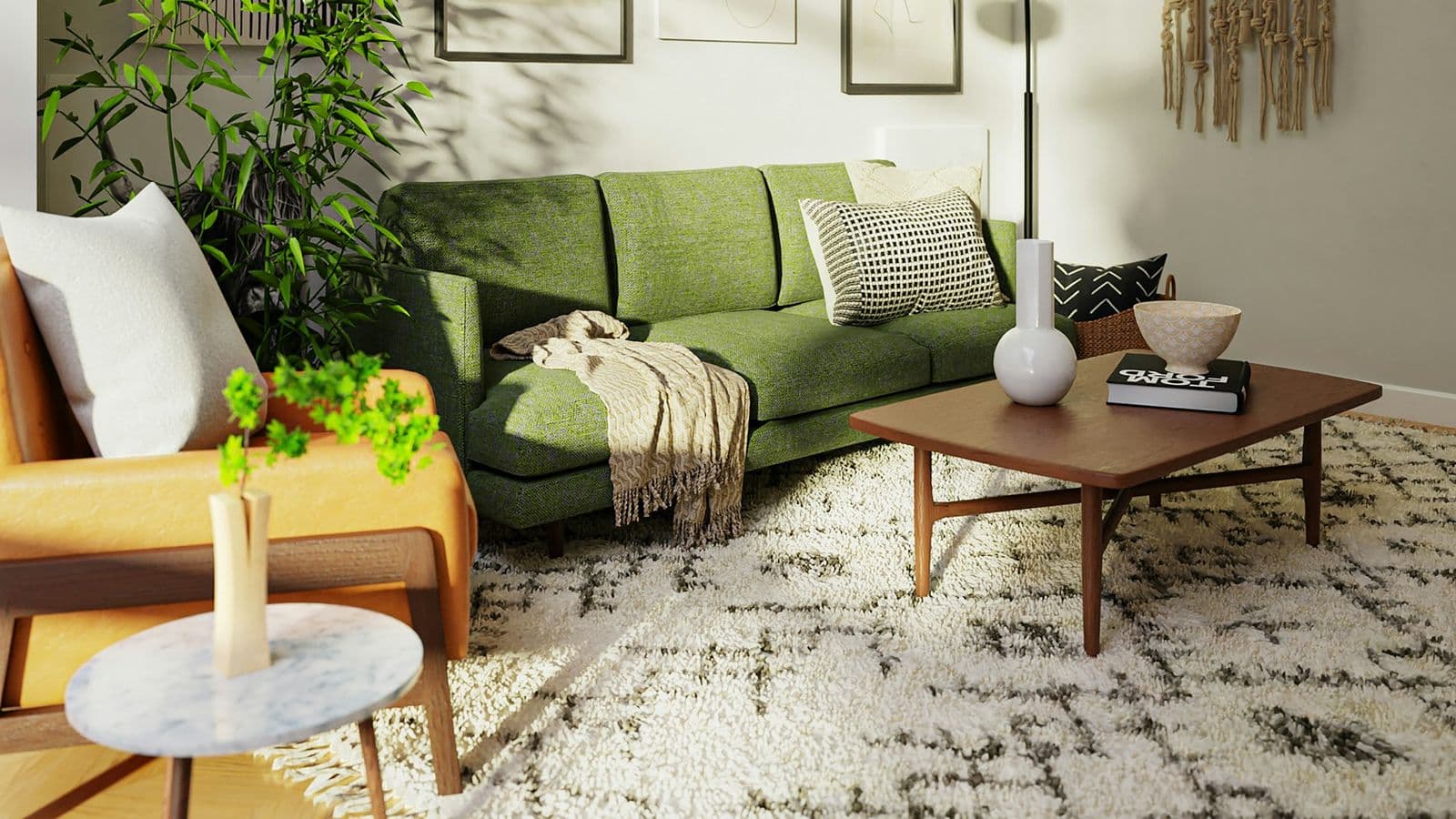 Salon d'un appartement meublé avec canapé, fauteuil et table basse